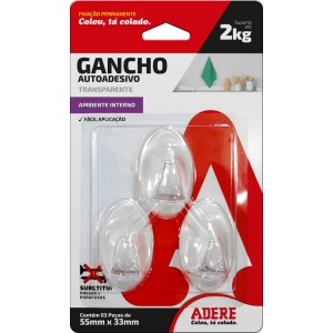 Gancho Autoadesivo Transparente Médio 55mm x 33mm c/3 Adere