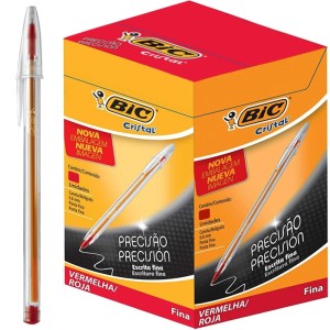 Caneta Esferográfica 0.8mm Cristal Precisão Fina Vermelha c/100 Bic